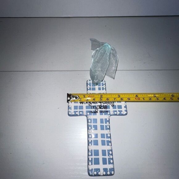 Sue Berk Designs Ceramic Glazed Cross Blue White I Am Wonderfully Made Baby Gift - Picture 4 of 6